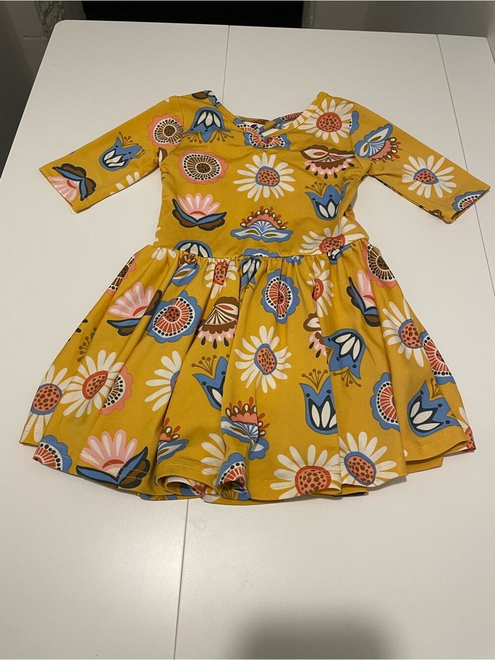 Dot Dot Smile Brand Ballerina Twirly Dress Size 2T Mustard Floral Print NWT